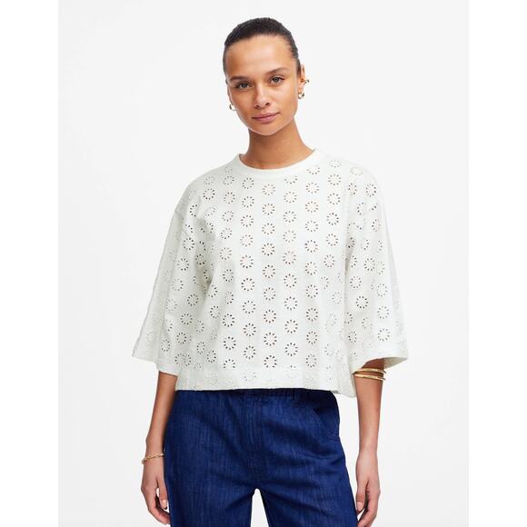 Madewell Tops - Madewell Embroidered Wide Sleeve Boxy Tee White Cotton Oversized XS NWT